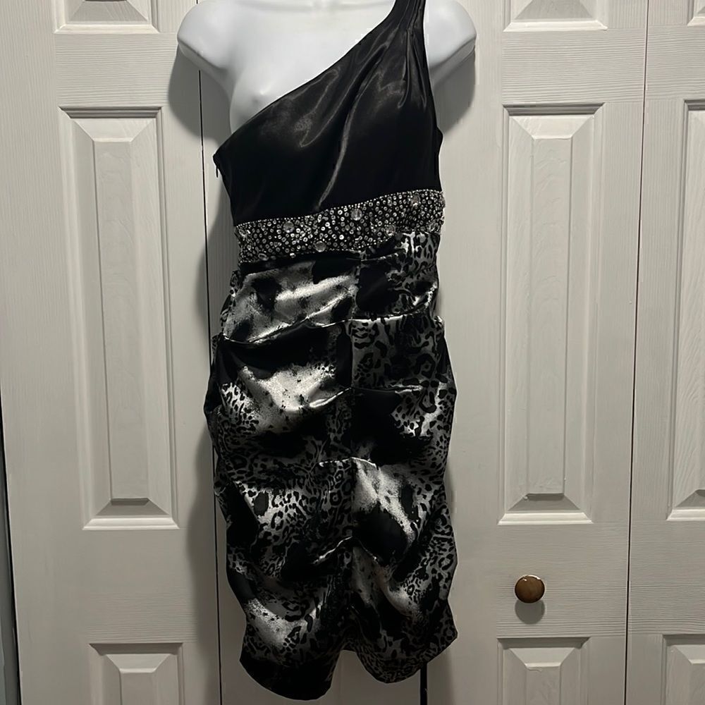 Jump Apparel One Shoulder Bedazzled Scrunch Dress